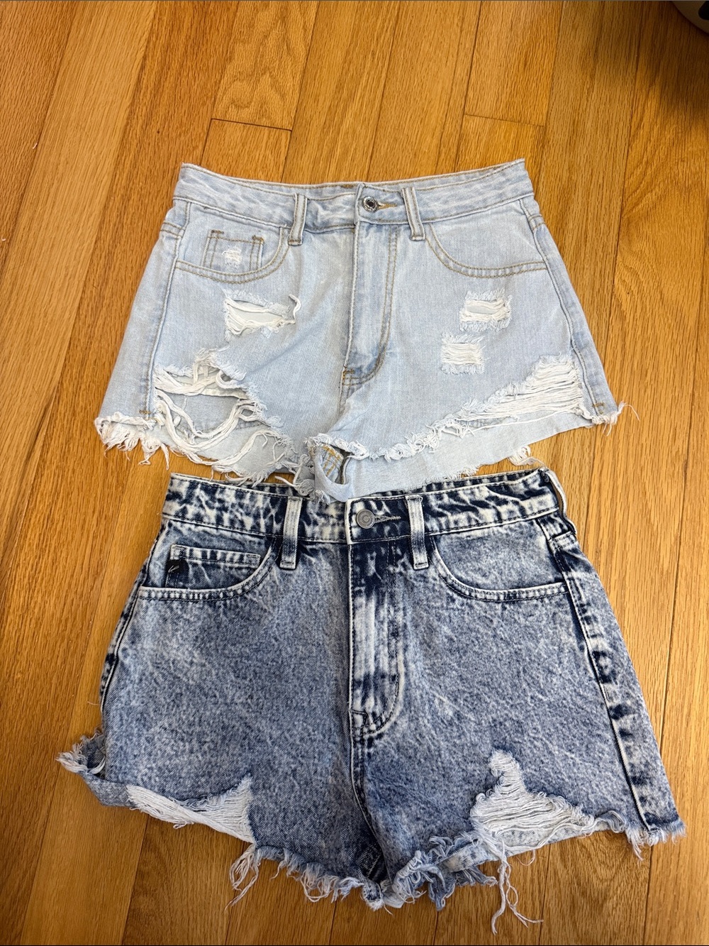 High-Rise Distressed Denim Shorts - Light Blue & Acid Wash